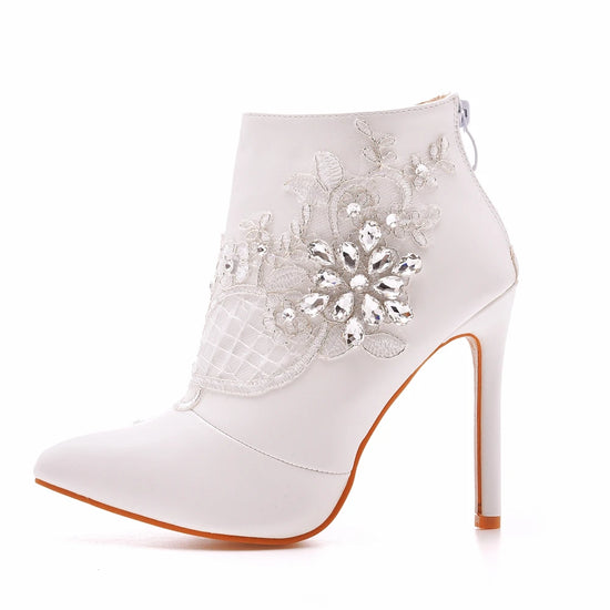 Crystal Queen Ladies White Lace Rhinestone Ankle Boots