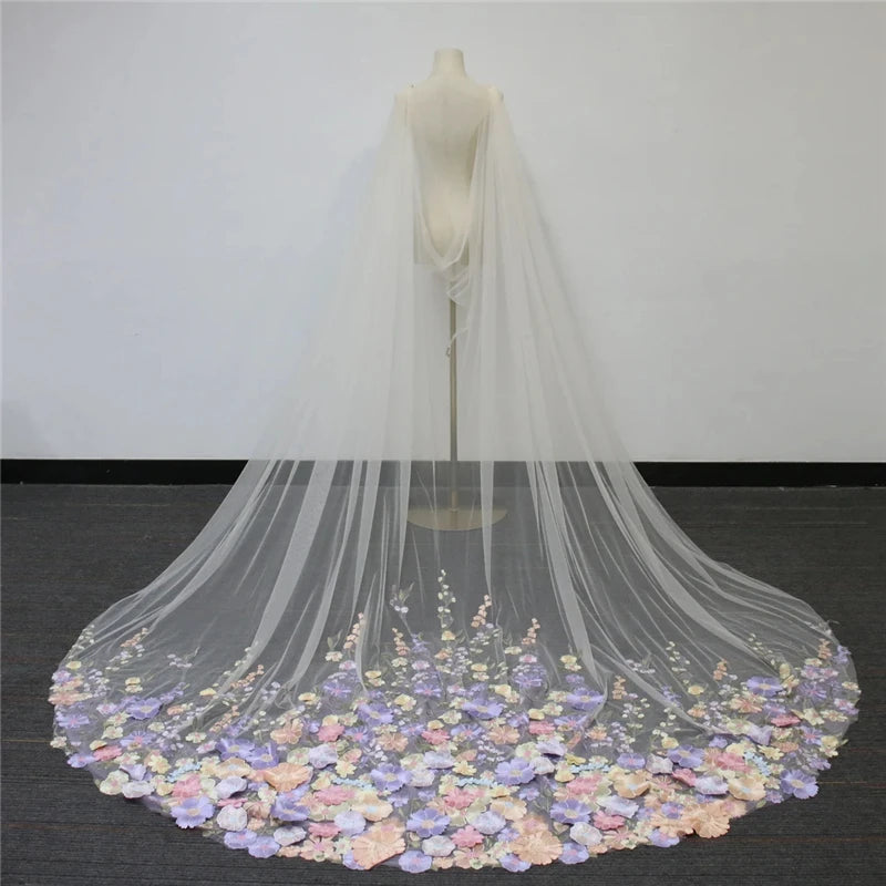 Colorful Floral Wedding Bridal Draped Shoulder Cape Veil Cathedral Long Lilac Purple Pink Flowers 3D Lace