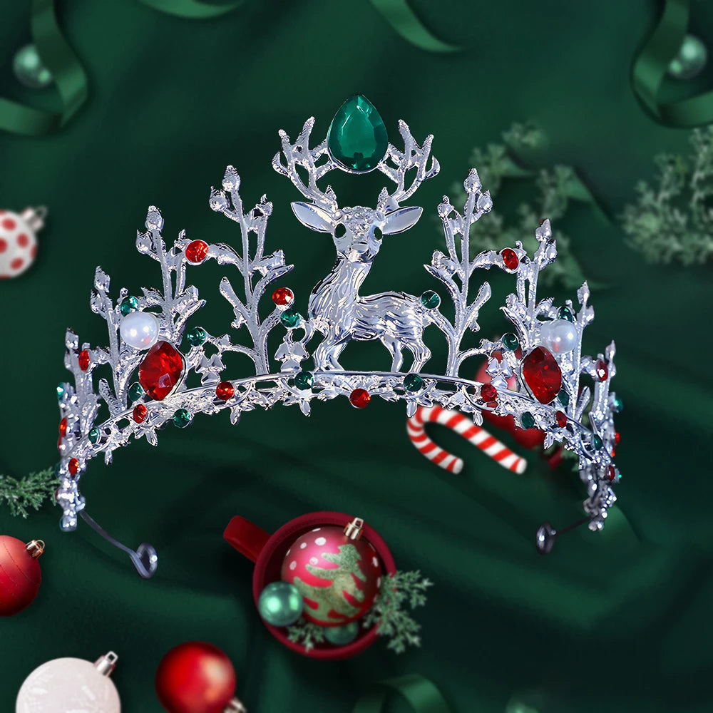Collage of Christmas-themed tiaras with reindeer, trees, and candy canes on a green background.