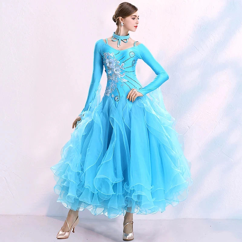 
                      
                        V Neck Fluffy Hemline Standard Ballroom Dress For Ballroom Dance Competition
                      
                    