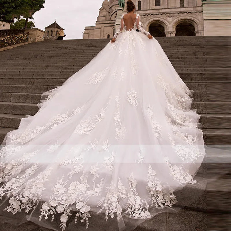 Luxury Long Sleeves Wedding Dress Woman Lace Sheer Neck Tulle Bridal Gown