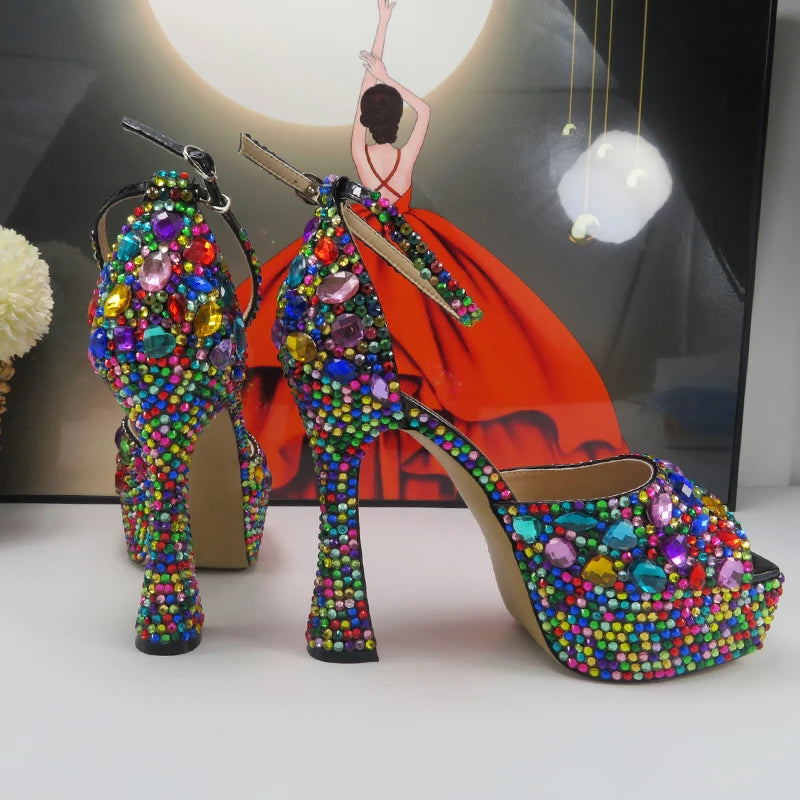 Multicolored Crystal Bridal Party Evening Open Toe Sandal Shoes
