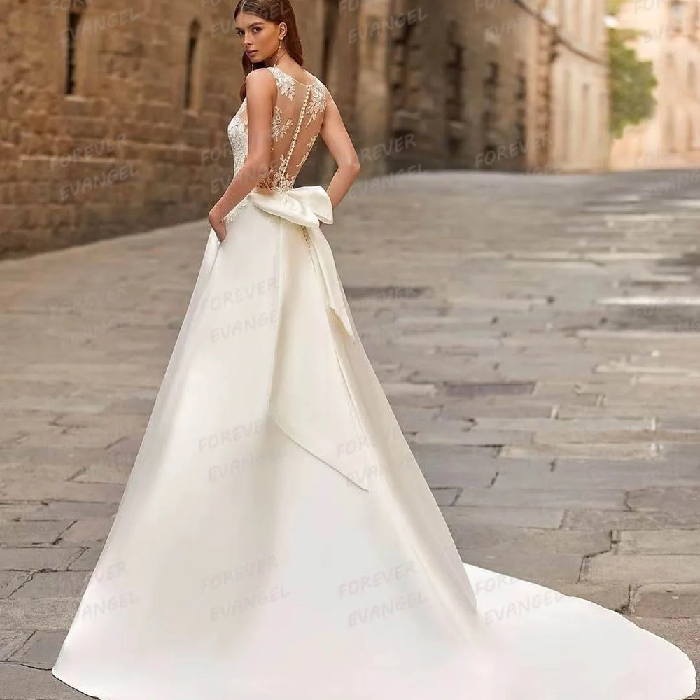 Boho Wedding Dress A Line Sleeveless Backless Satin Bridal Gown