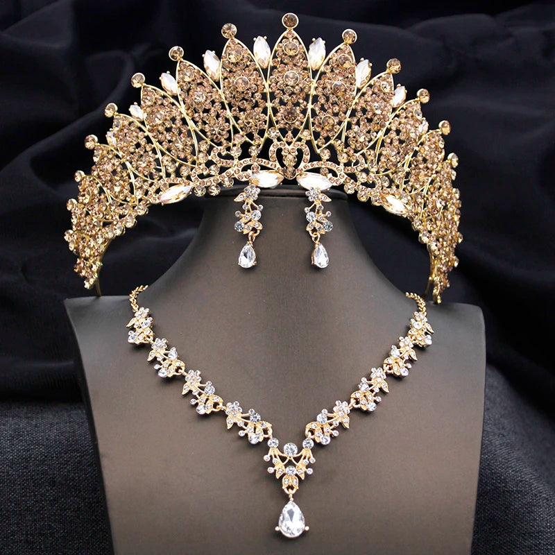 Crown Tiara Earrings Necklace Bridal Jewelry Set Accessories