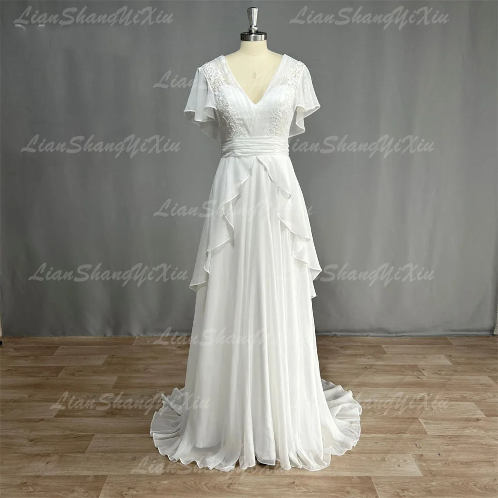 
                      
                        Boho Ruffle V-Neck Wedding Dress Chiffon A Line Short Sleeve Backless Beach Bridal Gown
                      
                    