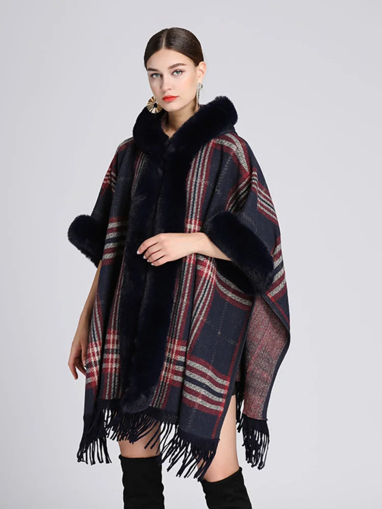 
                      
                        Hooded Plaid Poncho Imitation Rabbit Fur Cardigans Coats
                      
                    