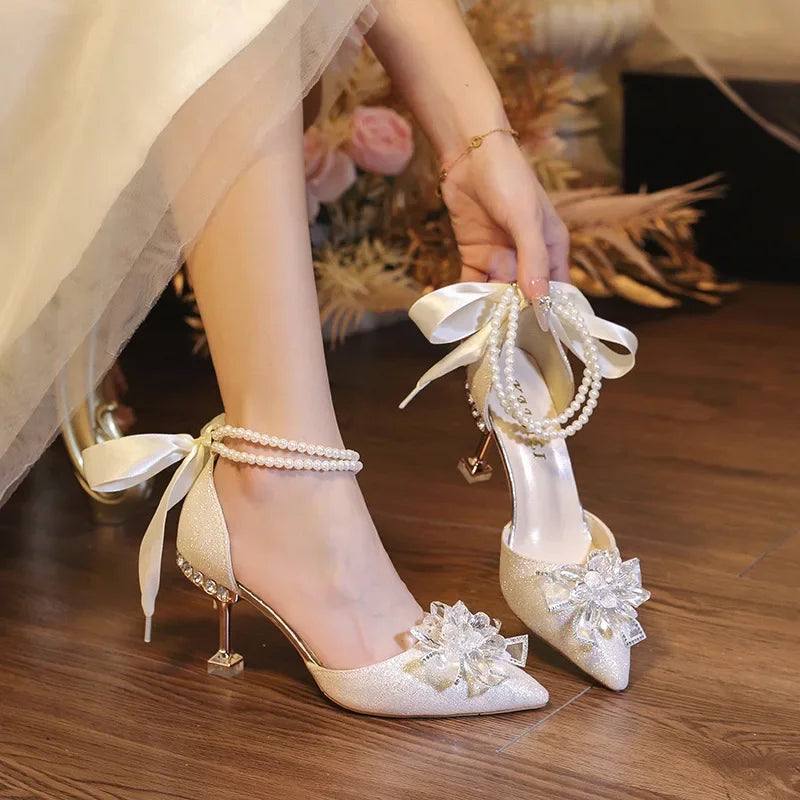 Bridal Shoes Pointed Toe Decorative Pearl Strap Sandals, make a statement on your wedding day with these stunning pearl-adorned bridal sandals. 