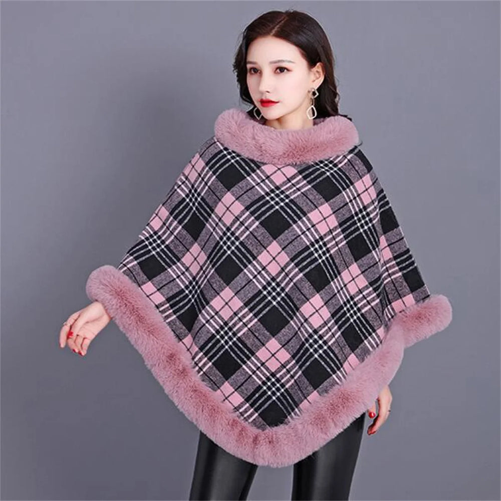 
                      
                        Striped Plaid Poncho Winter Faux Fur Street Wear Triangle Fur Neck Pullover Cloak
                      
                    