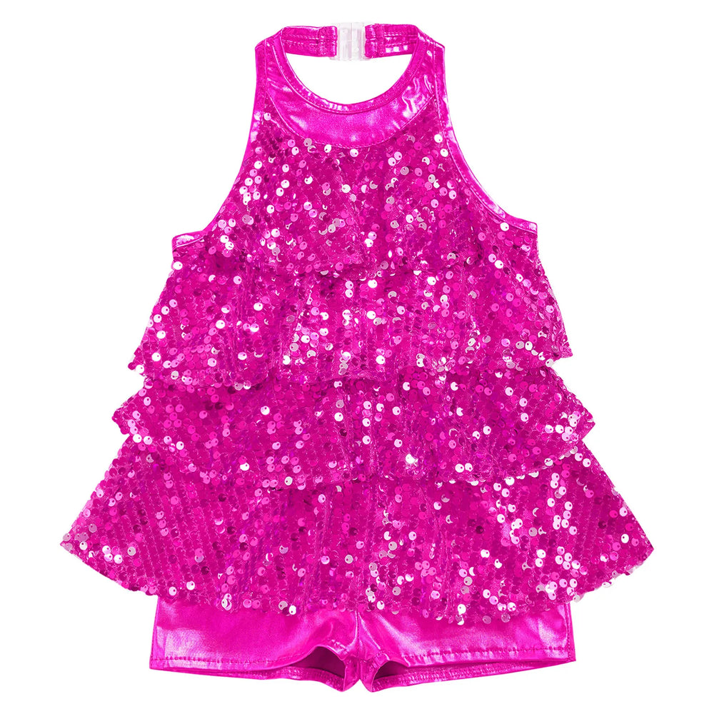 
                      
                        Girls Modern Jazz Latin Ballet Dance Costume  Shiny Sequin Short Unitard Dress
                      
                    