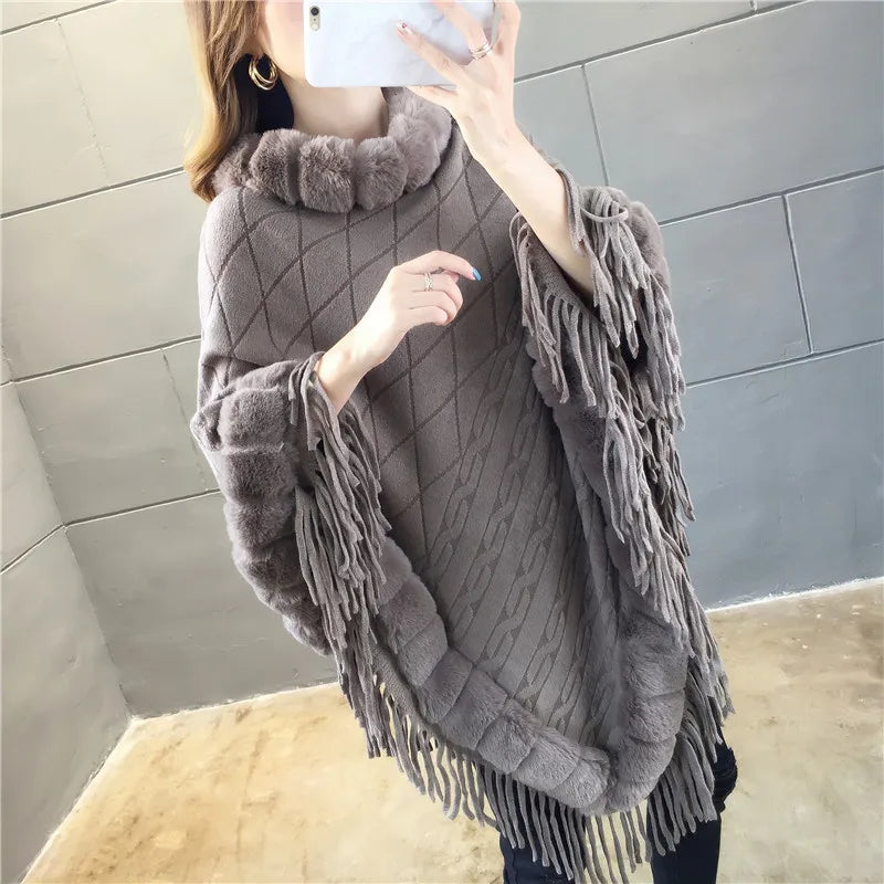 Autumn Winter Imitation Rabbit Fur Women's Coat Pullover Shawl Warm Poncho Capes