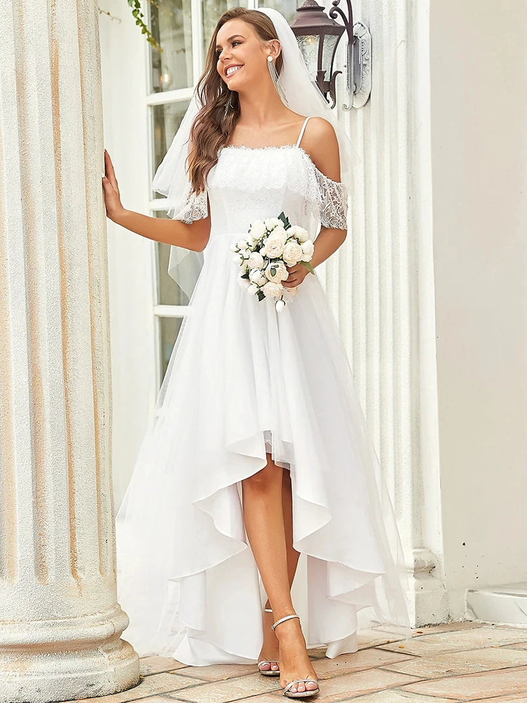 
                      
                        Country Boho High/Low Wedding Dress Sleeveless Lace Ruffle Bridal Gown
                      
                    