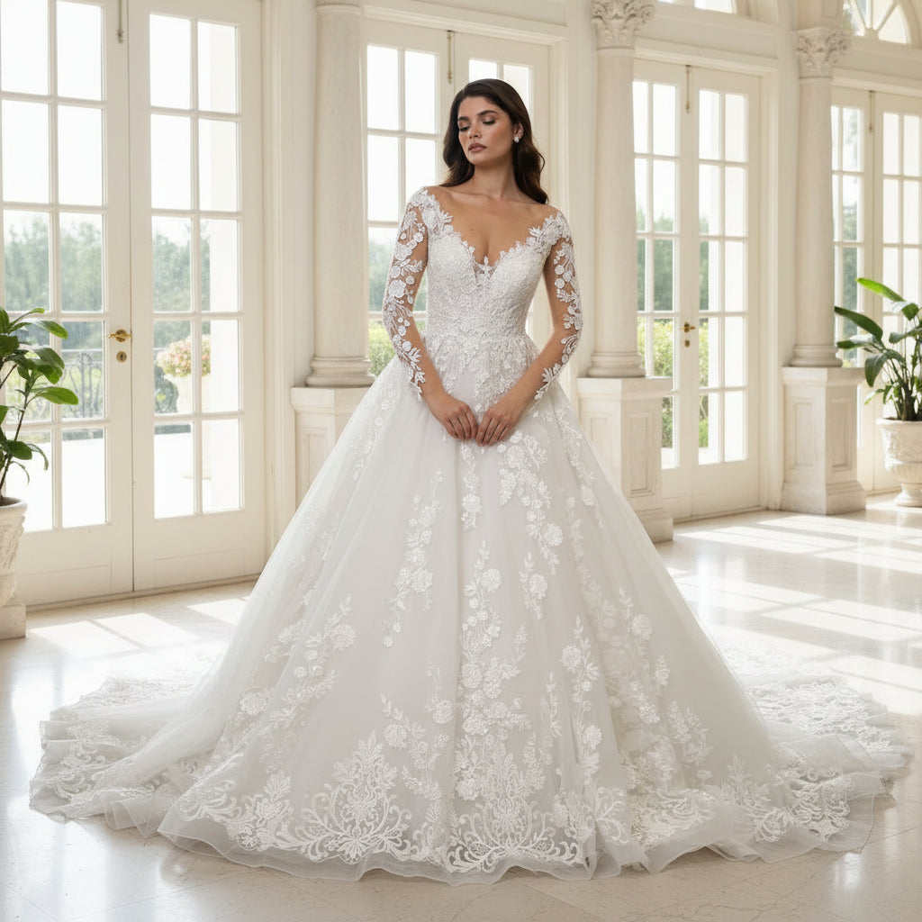 Boho Wedding Dress Tulle V-Neck A-Line Lace Pleated Bridal Gown, Walk down the aisle in effortless elegance with this stunning A-line wedding dress