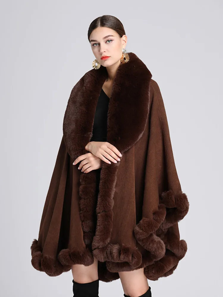 Elegant Imitation Rabbit Fur Cape Women Poncho Shawl Cloak