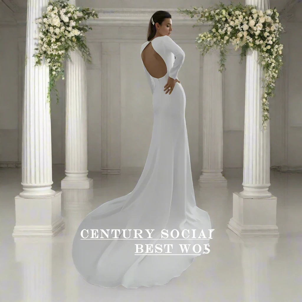 Civil Wedding Dress Mermaid Long Sleeve Backless Soft Satin Simple Bridal Gown