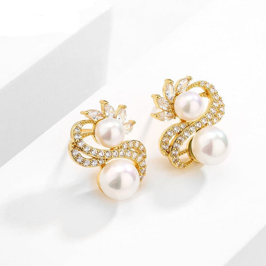 Exquisite Double Row Winding Pearl  Zircon Earrings for Women