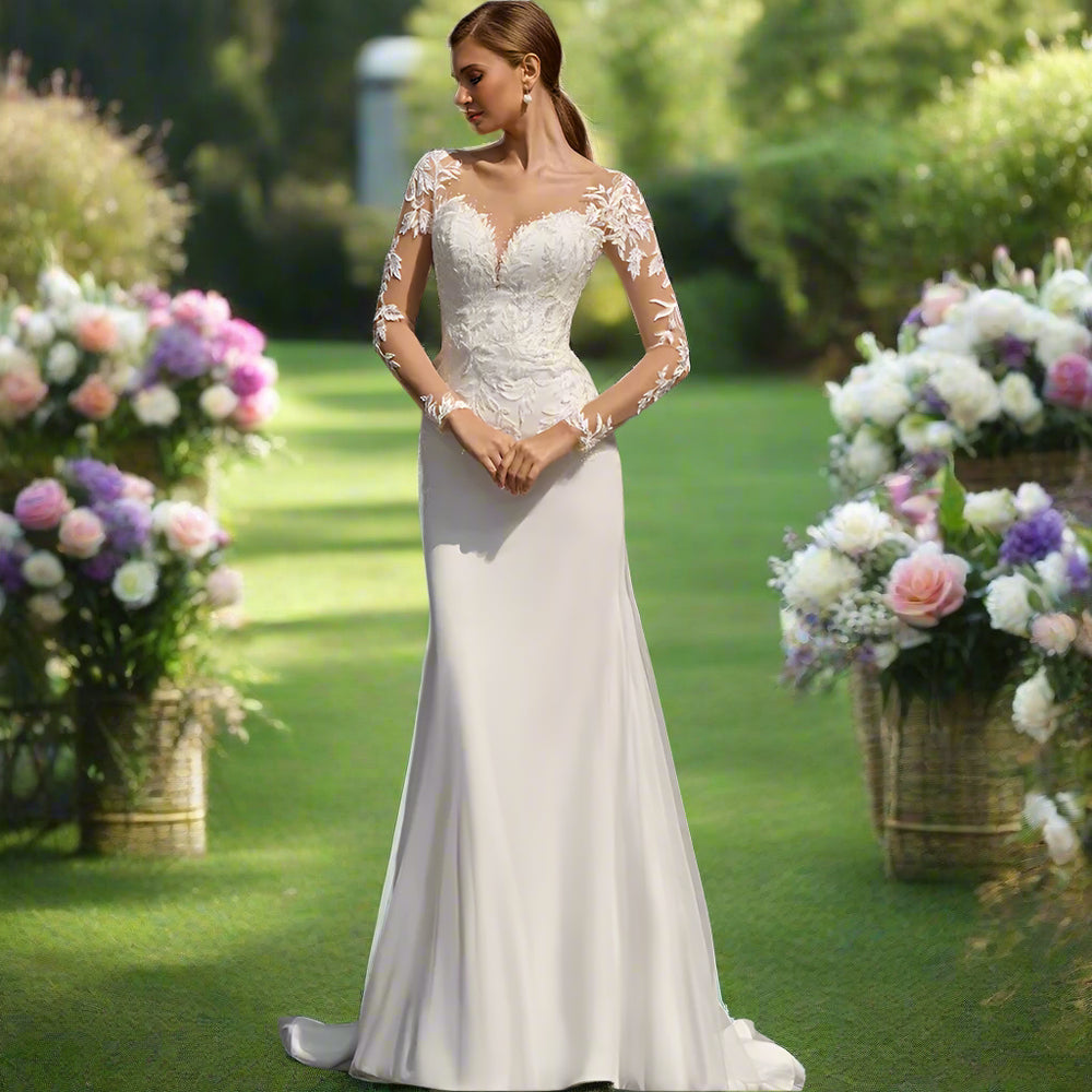 
                      
                        Long Sleeve Illusion Lace Mermaid Wedding Dress Boho Beach Bridal Gown
                      
                    