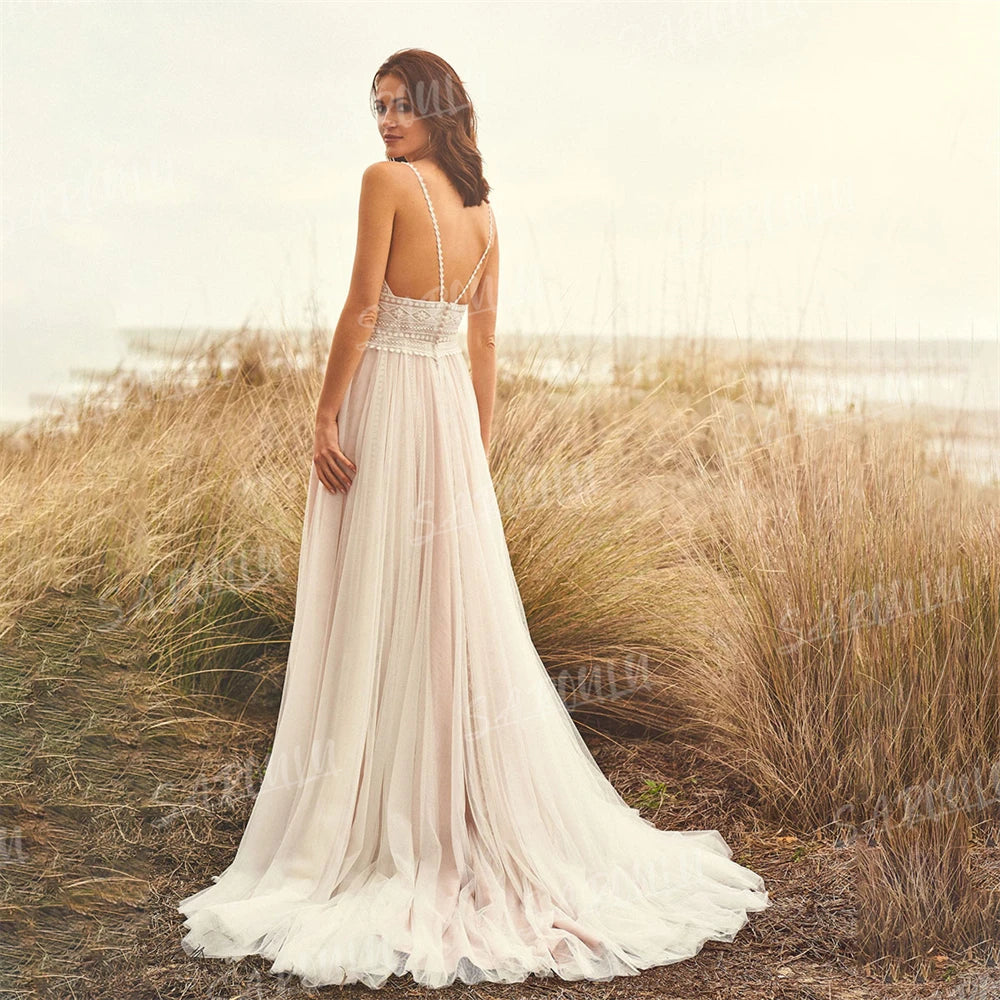 Spaghetti Straps A-line V-neck Backless Wedding Dress