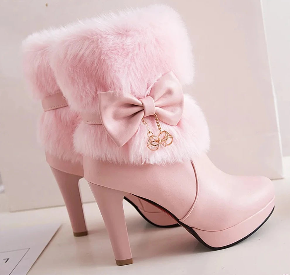 Fashion High Heel Boots Fur Tassel Bowtie Lovely Lolita Party Shoes