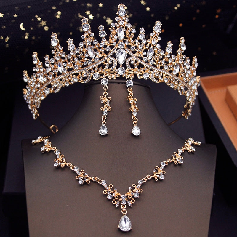 Cenmon Crown Bridal Sets for Women Necklace Tiara Earrings Jewelry Accessories Gold Set
