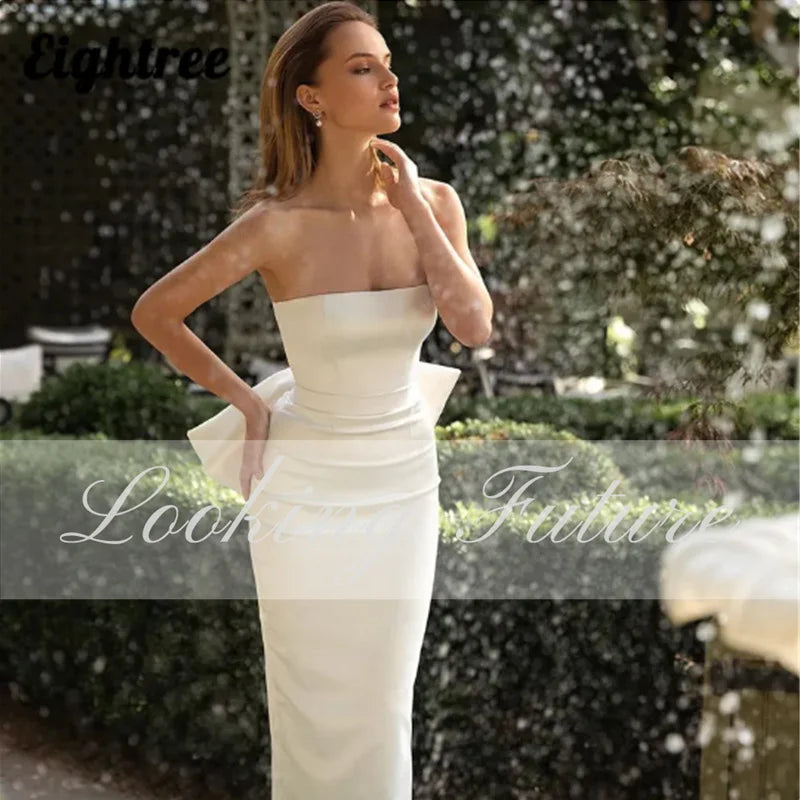 
                      
                        Customized Simple White Wedding Dress Strapless Split Bridal With Bow Backless Zipper Bridal Gown Vestido De Noiva Tea-Length
                      
                    