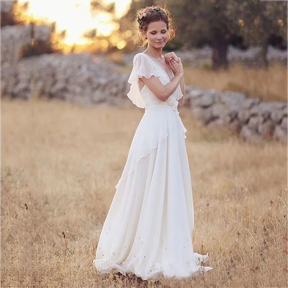 Boho Ruffle V-Neck Wedding Dress Chiffon A Line Short Sleeve Backless Beach Bridal Gown