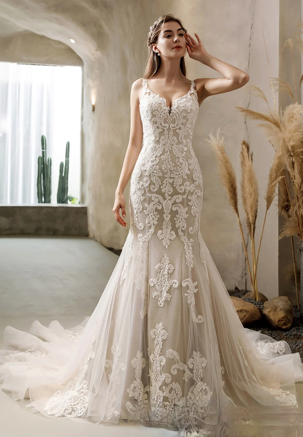 Halter Neckline Lace Bridal Gown With Crisscross Back – TulleLux Bridal  Crowns & Accessories