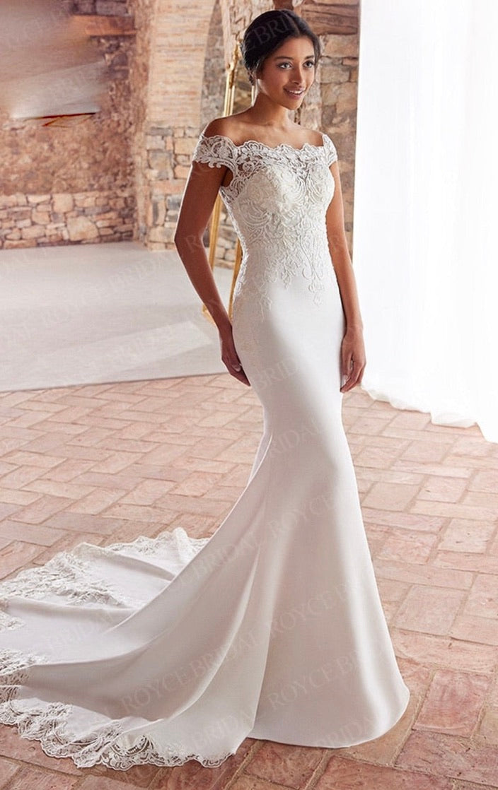 Load image into Gallery viewer, Crepe Satin Mermaid Lace Wedding Bridal Dress
