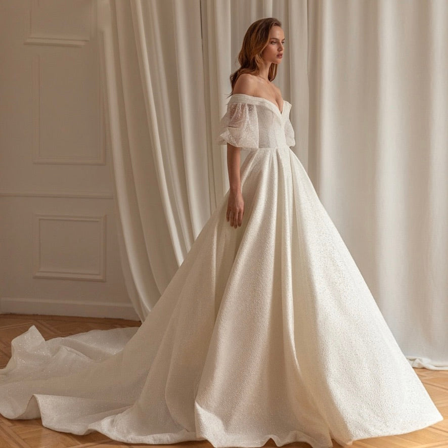 Lace Beaded Bodice Illusion Sleeve Court Train Wedding A-Line