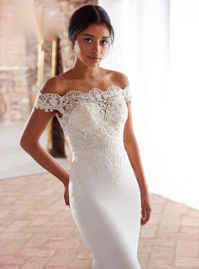 Load image into Gallery viewer, Crepe Satin Mermaid Lace Wedding Bridal Dress
