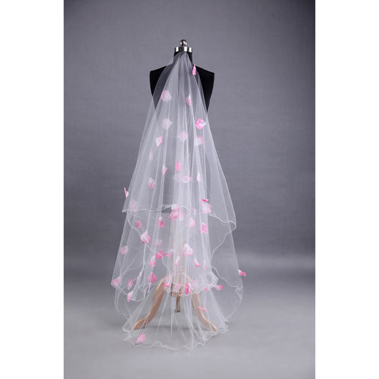 Romantic Tulle Wedding Veil with Pink Petal Decoration Ribbon Edge - TulleLux Bridal Crowns &  Accessories 