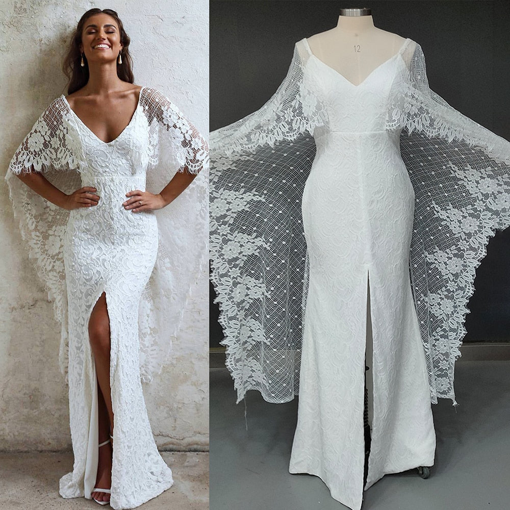Boho Batwing Sleeve Wedding Dress Backless Lace Destination Sheath Bridal Gown