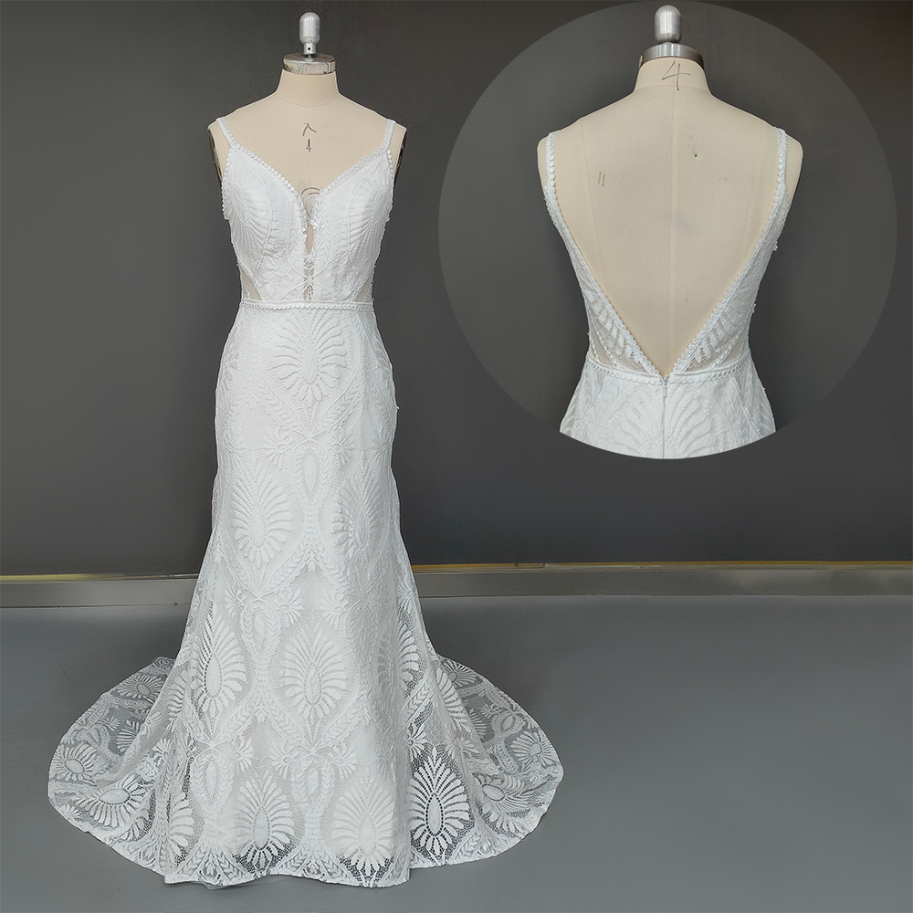 
                      
                        Beach Wedding Mermaid Bridal Gown Deep V-Neck Rustic Lace Dress
                      
                    