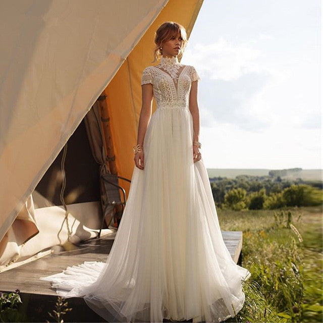 Boho Lace Tulle High Neck Wedding Dress A-Line Vintage Bohemian Bridal Gown