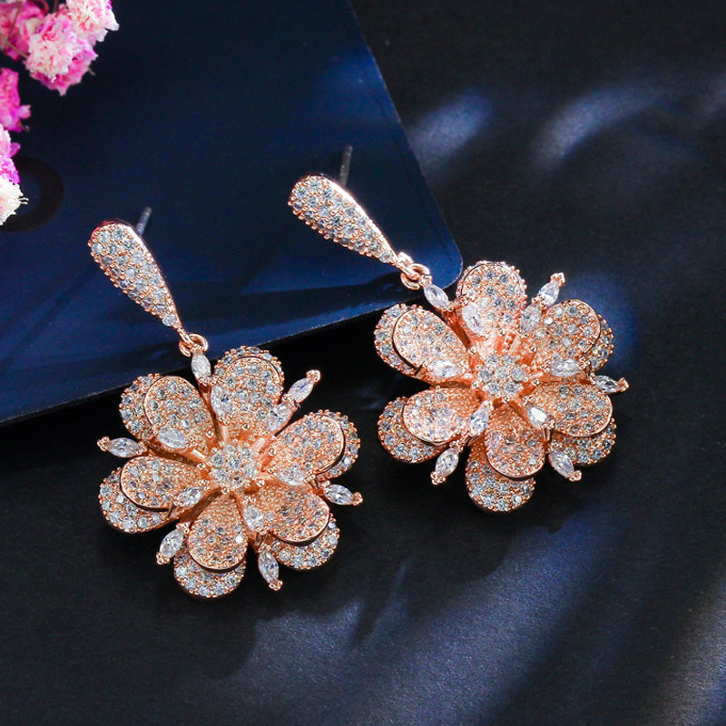 3D Geometric Rose Gold Color Micro Pave Cubic Zirconia Dangle Drop Flower Earrings