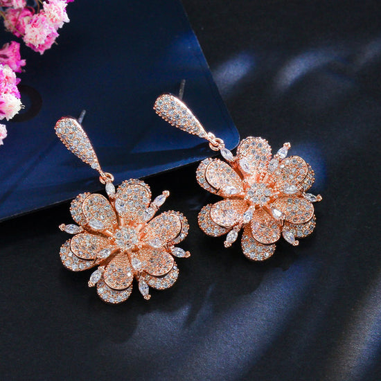 3D Geometric Rose Gold Color Micro Pave Cubic Zirconia Dangle Drop Flower Earrings