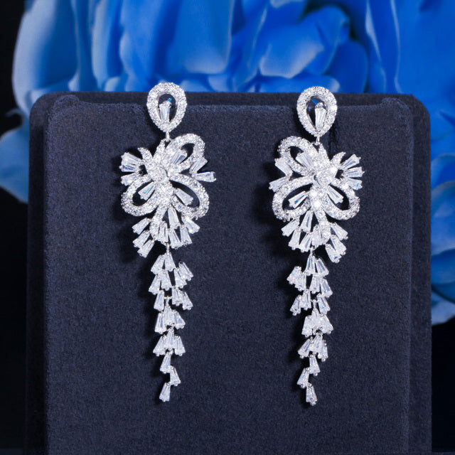 
                      
                        Geometric White Cubic Zirconia Dangle Tassel Drop Long Earrings for Formal Events
                      
                    