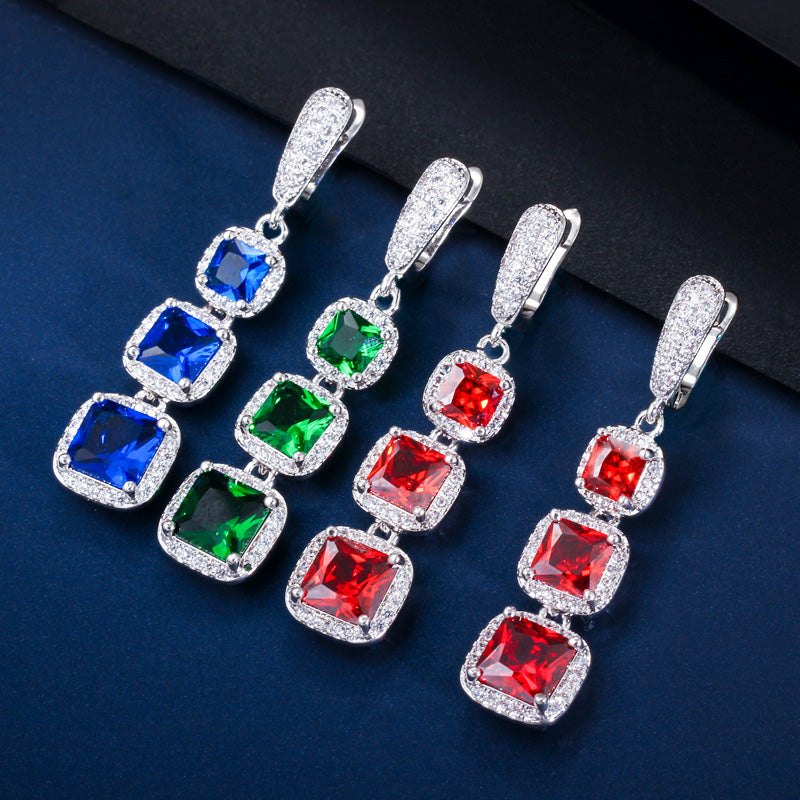 Square Cut Cubic Zircon Blue Green Red Long Dangle Huggie Hoop Earrings