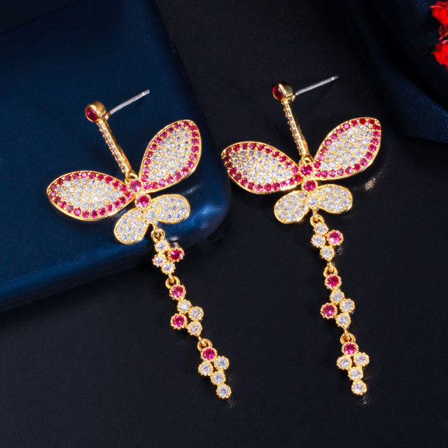 Black Gold Plated CZ Multicolor Rose Red Long Butterfly Drop Earrings for  Women