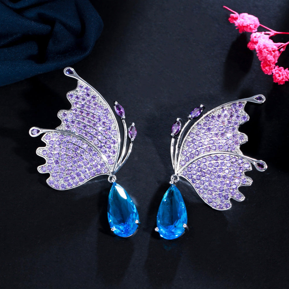 Micro Pave Purple Cubic Zirconia Stone Dangle Drop  Butterfly Wing Earrings