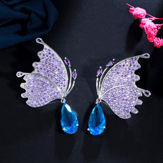 Load image into Gallery viewer, Micro Pave Purple Cubic Zirconia Stone Dangle Drop  Butterfly Wing Earrings
