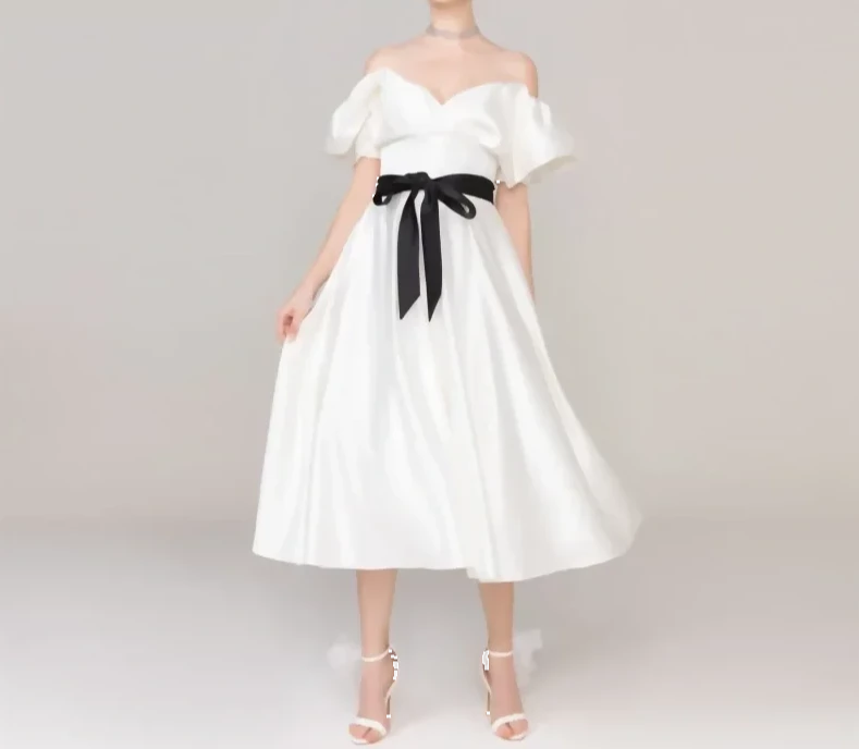 Simple Short Black Belt Tea-Length Off the Shoulder A-Line Beach Bridal Dress