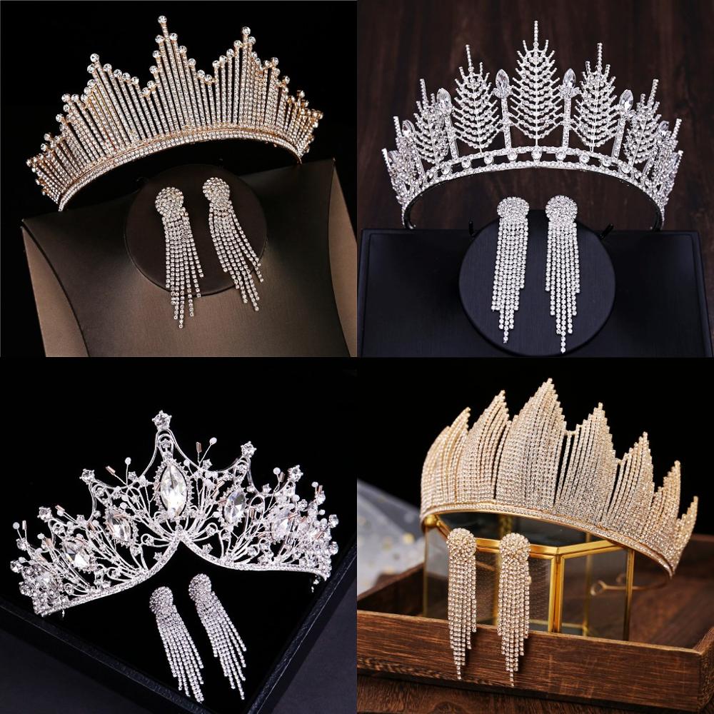 Silver Color Crystal Bridal Tiara Crown With Earrings Rhinestone Pageant Hair Accessories