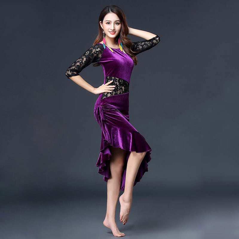 Load image into Gallery viewer, Ballroom Dress Samba Lace Velvet Party Dress One Piece
