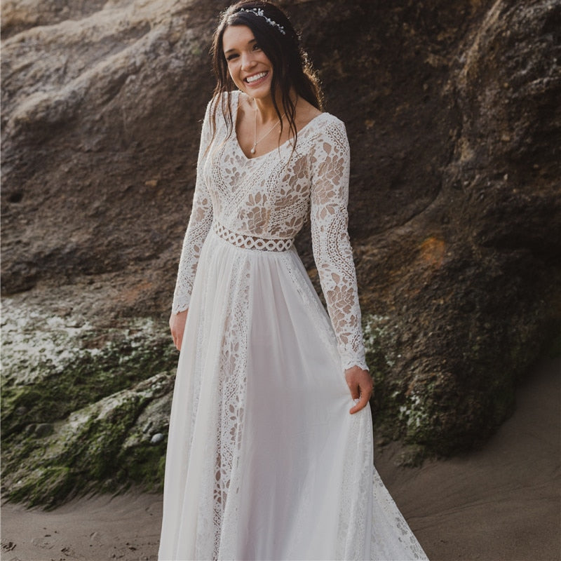 Boho Beach Long Sleeve Chiffon Lace Wedding Bridal Gown