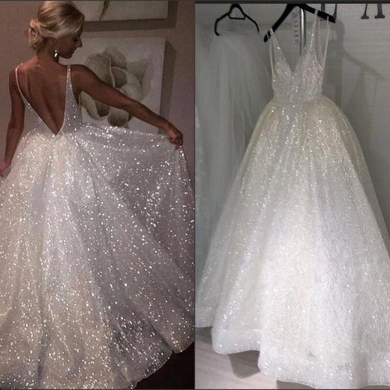Glitter Wedding Dress V Neck Bridal Dress