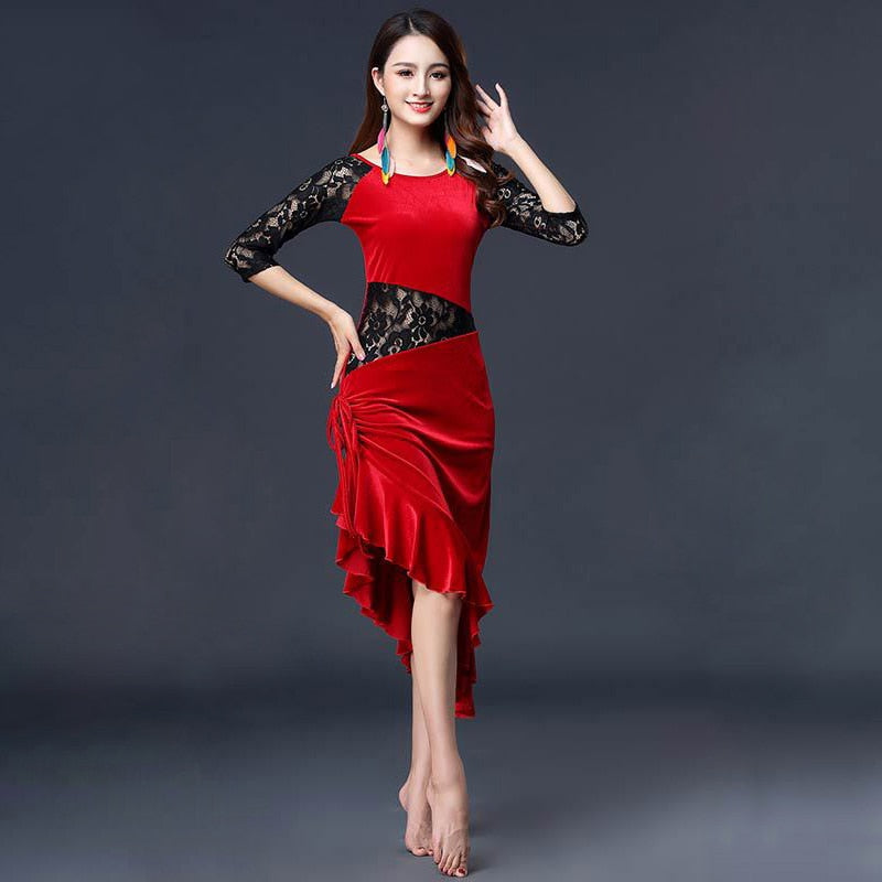 Load image into Gallery viewer, Ballroom Dress Samba Lace Velvet Party Dress One Piece
