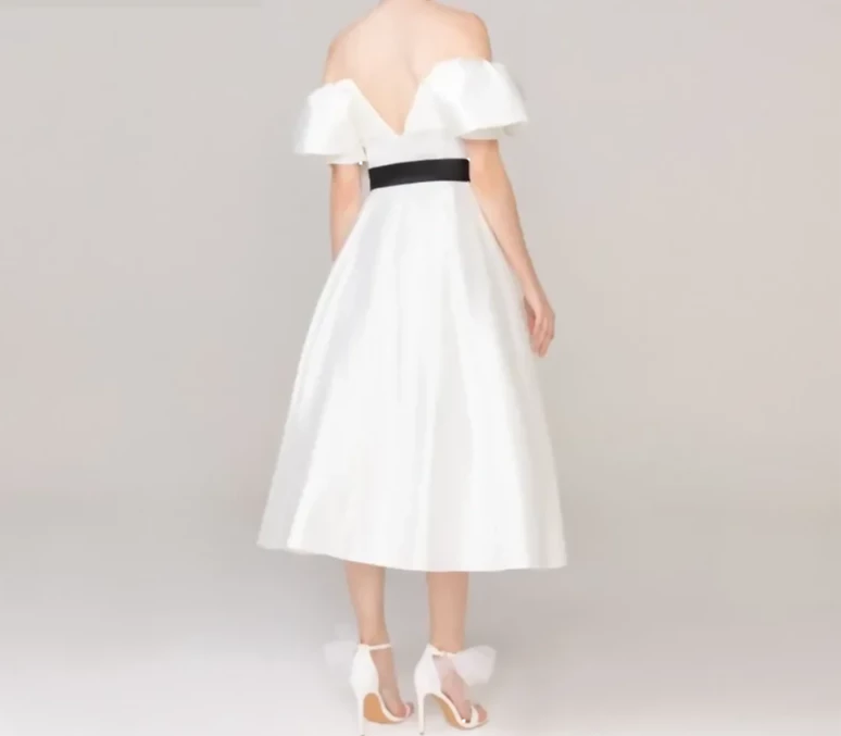 Simple Short Black Belt Tea-Length Off the Shoulder A-Line Beach Bridal Dress