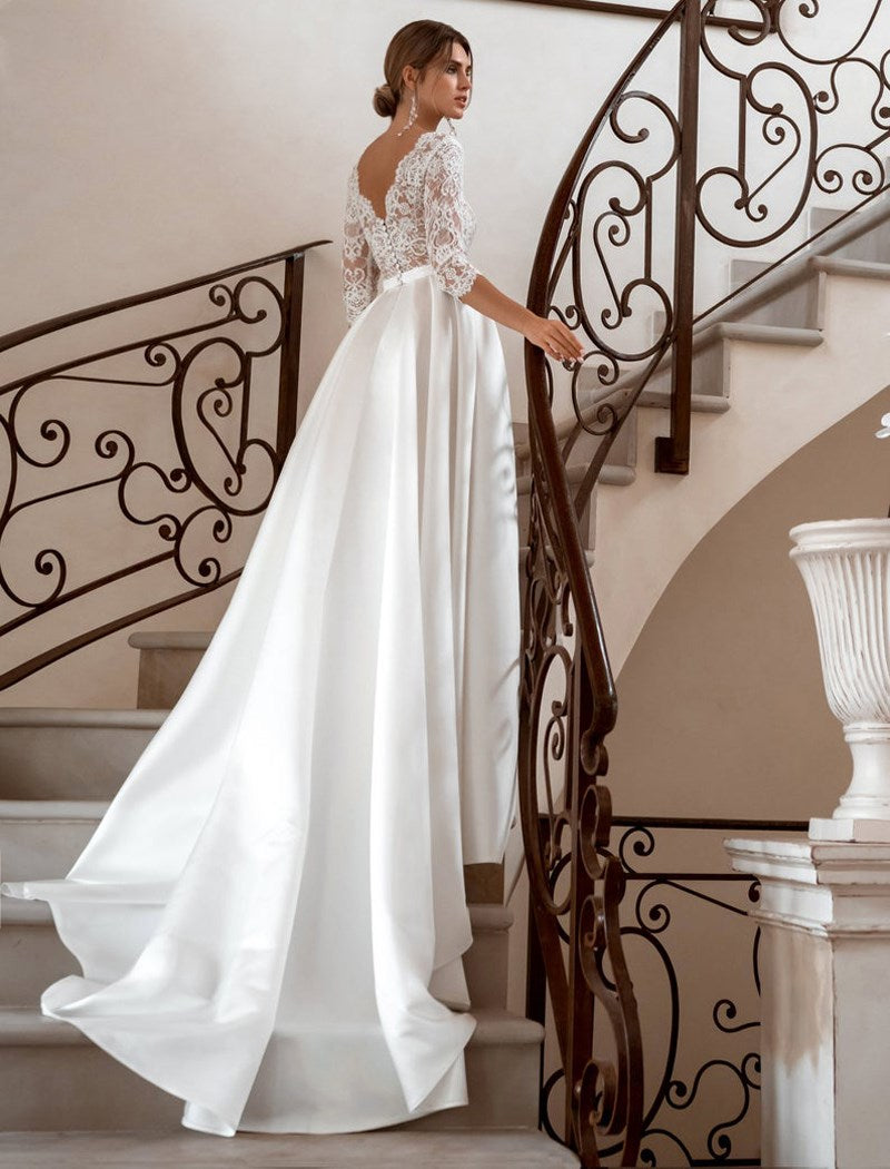 A-line Vintage Rustic Wedding Dresses V Neck Beaded Lace Bridal Gown –  Pgmdress
