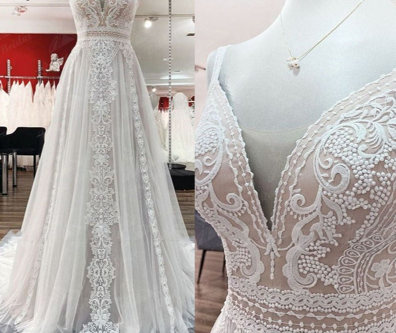 
                      
                        A Line Boho Blush Pink Wedding Dress Lace Tulle V Neck Sleeveless Open Back Gown
                      
                    