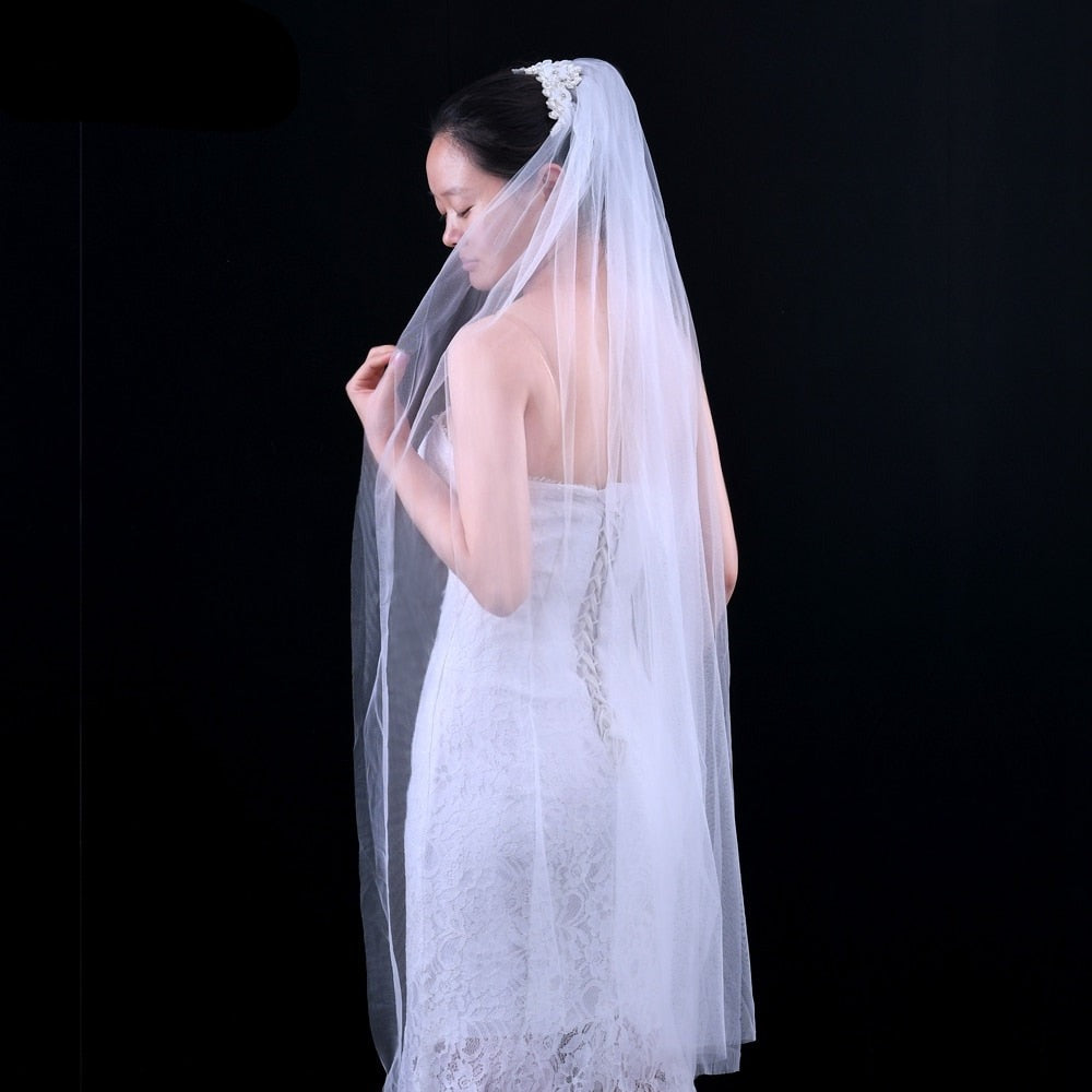 Load image into Gallery viewer, White Ivory Wedding Veil with Flowers Hair Comb Bridal Fingertip Veil
